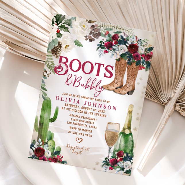 Western Boots & Bubbly Floral Cactus Bridal Shower Invitation (Creator Uploaded)