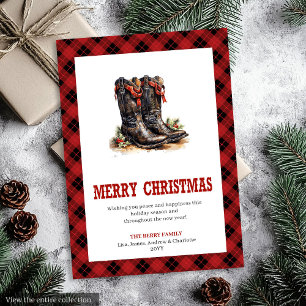 Western Boots Buffalo Plaid Tartan Christmas Card