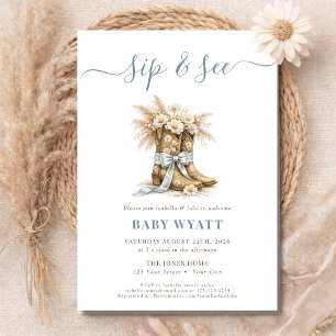  Western Boots & Coquette Blue Bow Boy Sip & See Invitation