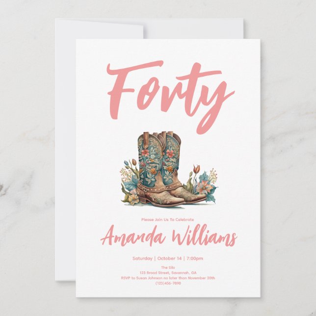 Western Boots Floral Fortieth Birthday Invitation (Front)