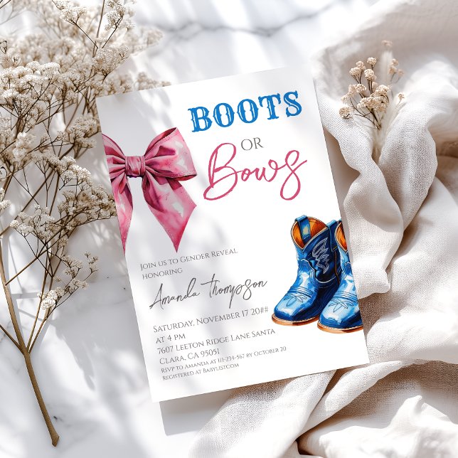 Western Boots or Bows Blue Pink Gender Reveal Invitation (Creator Uploaded)