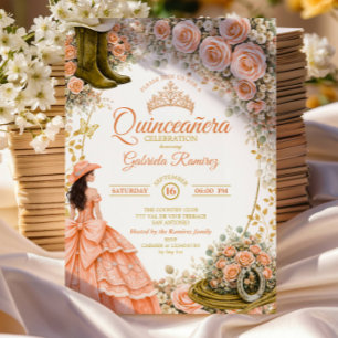 Western Boots Peach Roses Golden Quinceañera Invitation