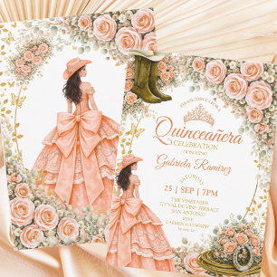 Western Boots Peach Roses Golden Quinceañera Invitation