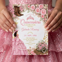 Western Boots Pink Roses Golden Quinceañera