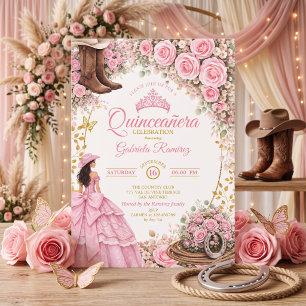 Western Boots Pink Roses Golden Quinceañera Invitation