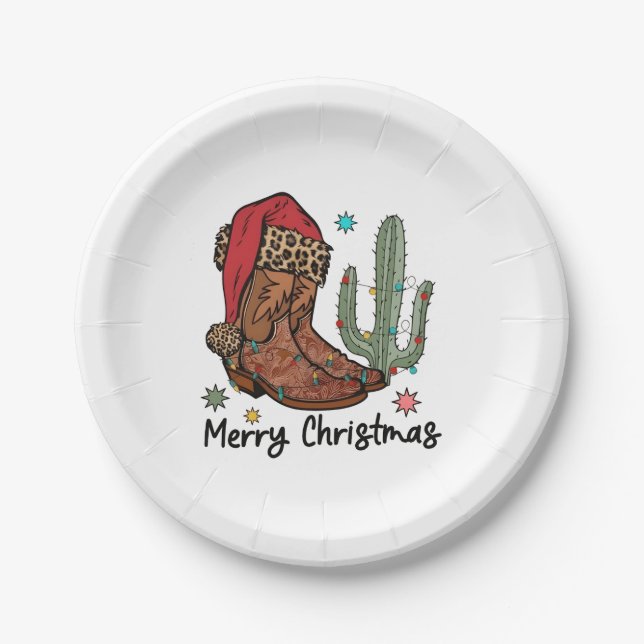 Western Boots Santa Merry Christmas Boots Xmas Paper Plate (Front)