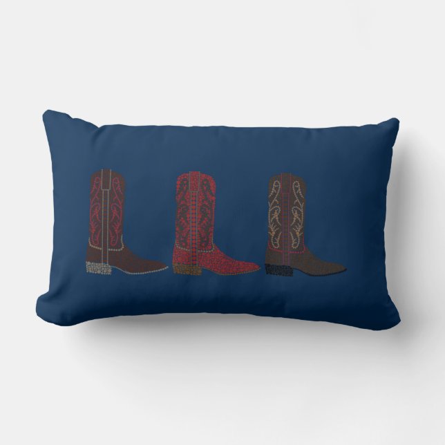 Western Boots Throw Pillow, Blue Lumbar Cushion (Front)