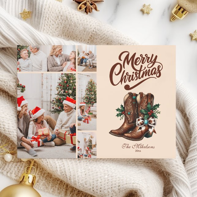 Western Bow & Boots Christmas 5 Photo  Holiday Card (Creator Uploaded)