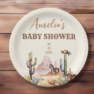 Western Boy A Little Cowboy Brown Baby Shower Paper Plate