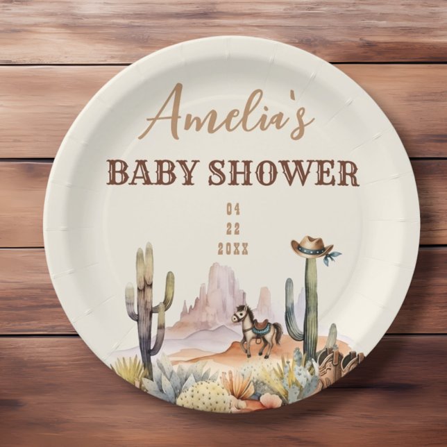 Western Boy A Little Cowboy Brown Baby Shower Paper Plate (Creator Uploaded)