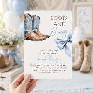 Western Boy Boots and Bows Blue Baby Shower Invitation