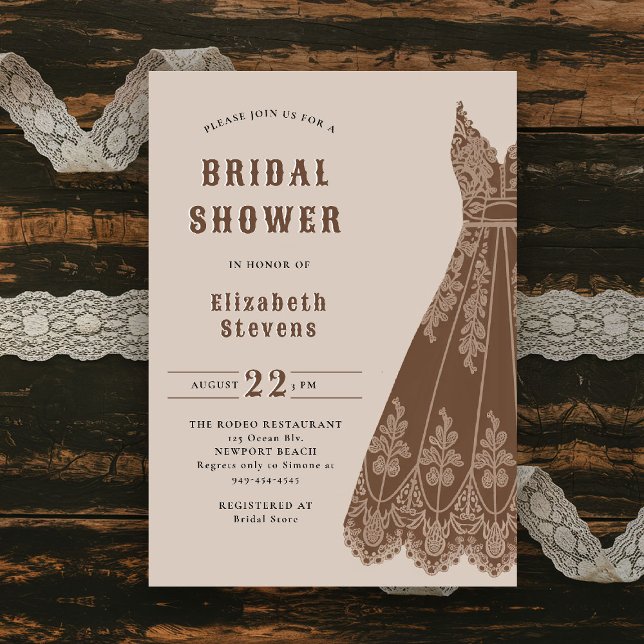 Western Bridal Dress Cowgirl Lace Rustic Shower Invitation (western bridal shower invitation cowgirl dress elegant brown country rustic chic barn ranch backyard)
