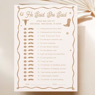 Western Bridal Shower He Said She Said Game Card