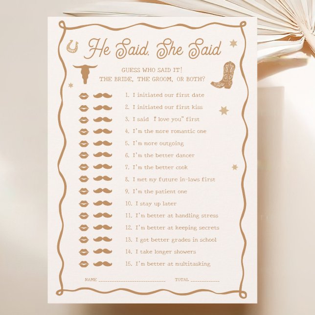 Western Bridal Shower He Said She Said Game Card (Creator Uploaded)