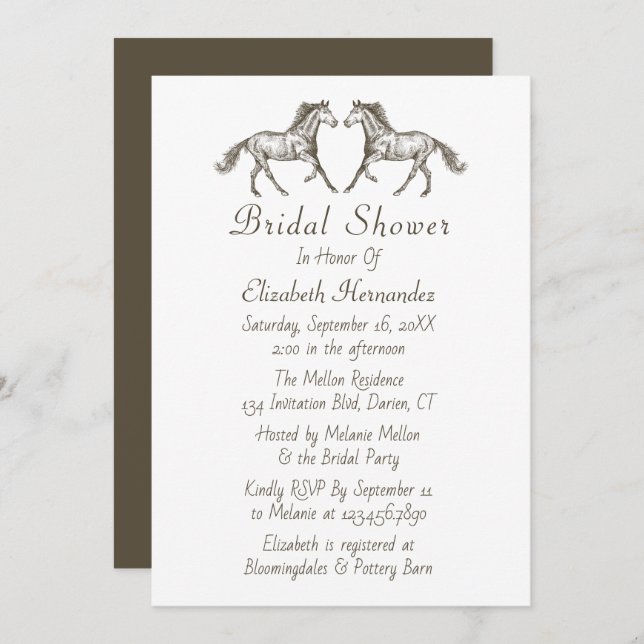 Western Bridal Shower Horses Brown Equestrian Invitation (Front/Back)