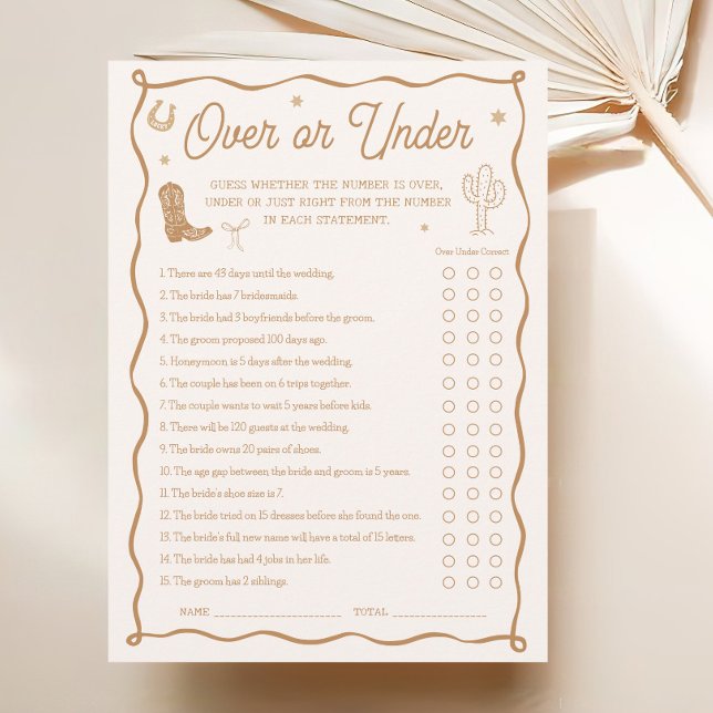 Western Bridal Shower Over or Under Game Card (Creator Uploaded)