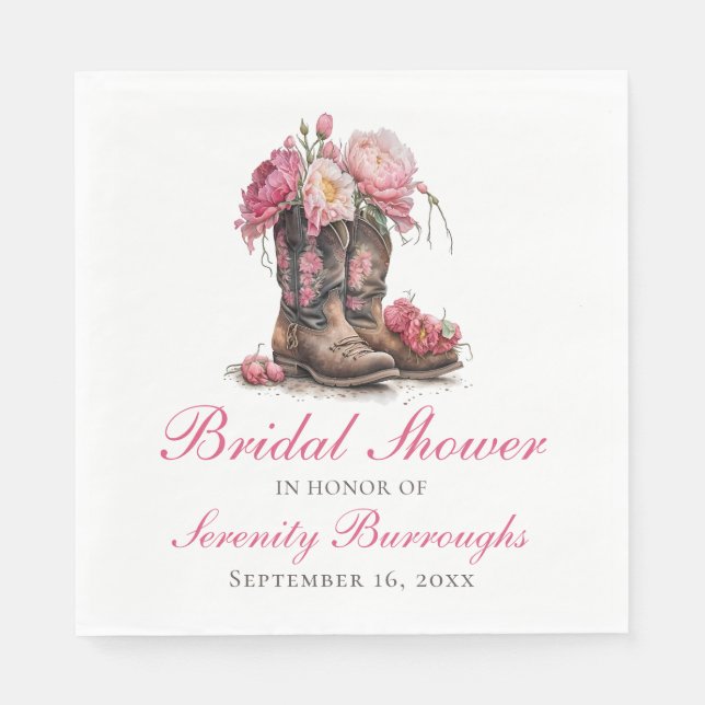 Western Bridal Shower Pink Peony Cowboy Boots  Napkin (Front)