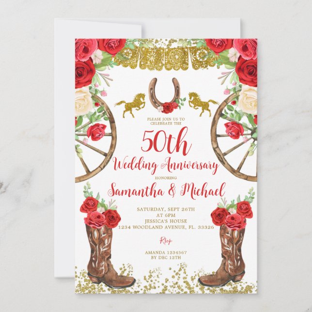Western Bright Red Floral 50th Wedding Anniversary Invitation (Front)