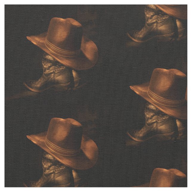Western Bronze Cowboy Hat and Boots Print Fabric (Close Up)