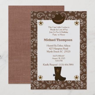  Western Brown Bandanna Cowboy Birthday Party  Invitation