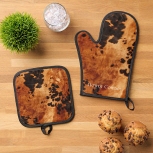 Western Brown Black Cowhide Animal Oven Mitt & Pot Holder Set