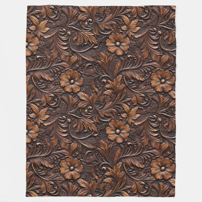 Western Brown Cowgirl Bohemian Floral Fleece Blanket (Front)
