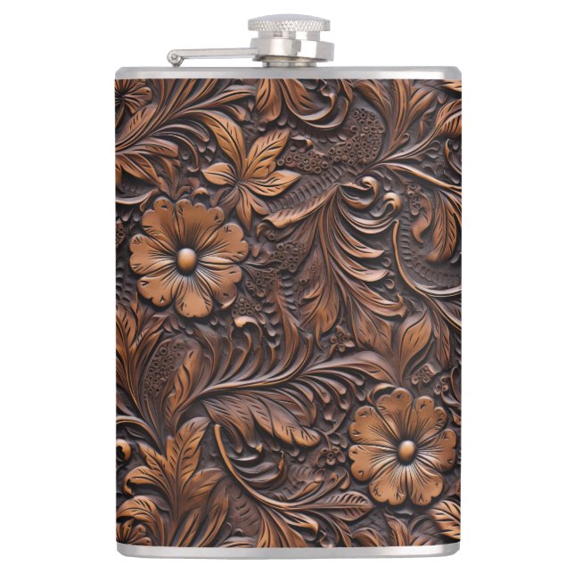 Western Brown Cowgirl Bohemian Floral Hip Flask (Front)