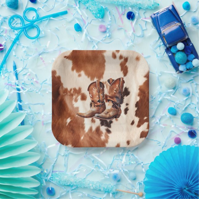 Western Brown Cream Cowboy Boots Paper Plate (Party)