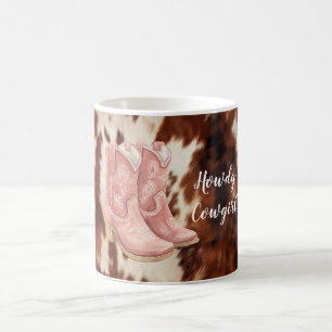 Western Brown Cream Cowhide Pink Cowgirl Boots Coffee Mug