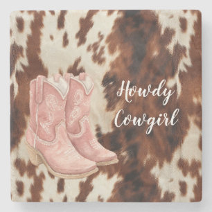 Western Brown Cream Cowhide Pink Cowgirl Boots Stone Coaster