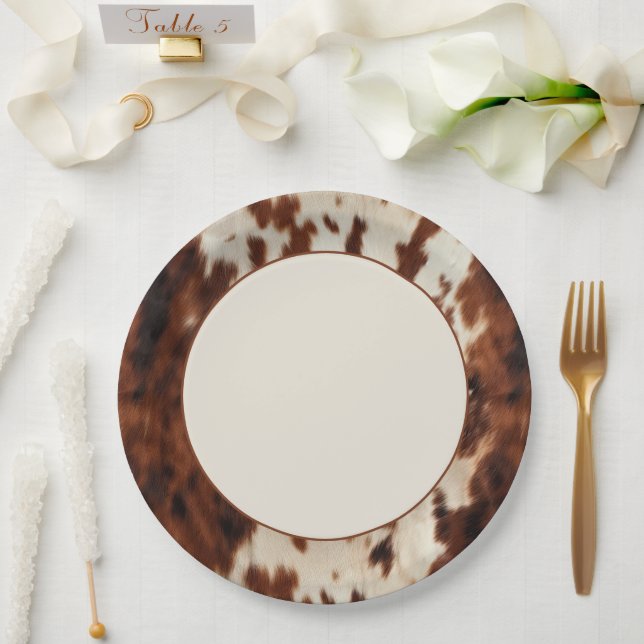 Western Brown Cream Cowhide Wedding Paper Plate (Wedding)