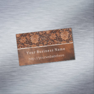 Western Brown Faux Leather Floral Magnetic Business Card