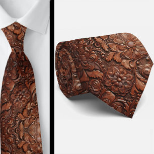 Western Brown Faux Leather Tooled Retro Mens Tie