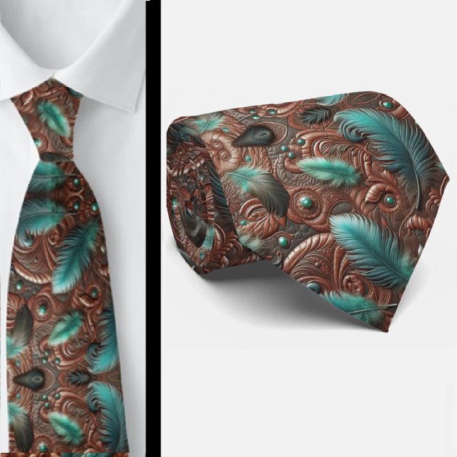 Western Brown Faux Leather Tooled with Feathers Tie (Creator Uploaded)