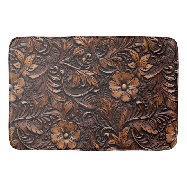 Western Brown Floral Faux Leather Bath Mat (Front)