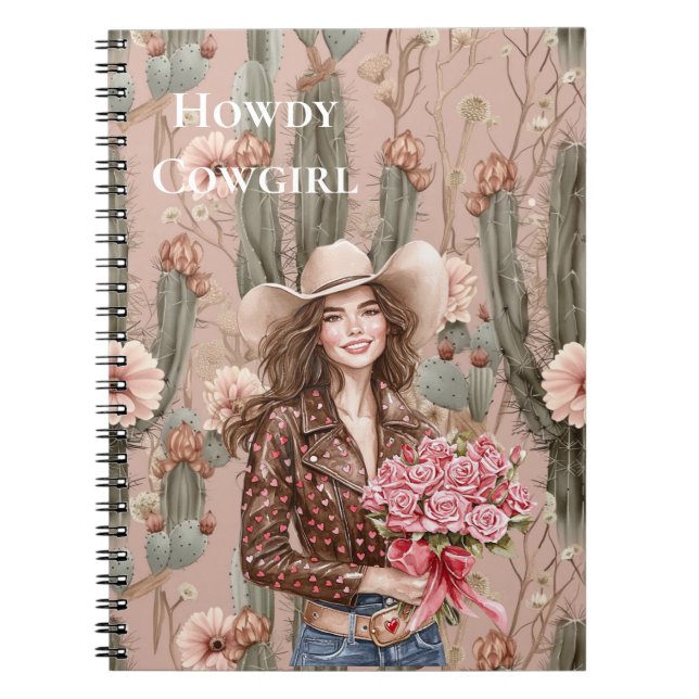 Western Brown Hair Cowgirl Pink Cactus Flowers Notebook (Front)