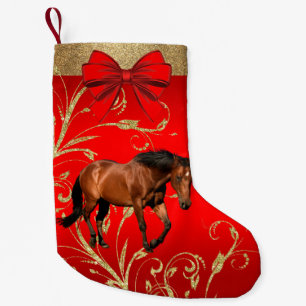 Western Brown Horse On Red And Gold Small Christmas Stocking