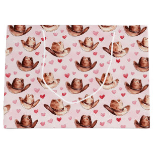 Western Brown Pink Cowgirl Hats Hearts Birthday Large Gift Bag