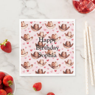 Western Brown Pink Cowgirl Hats Hearts Birthday Napkin