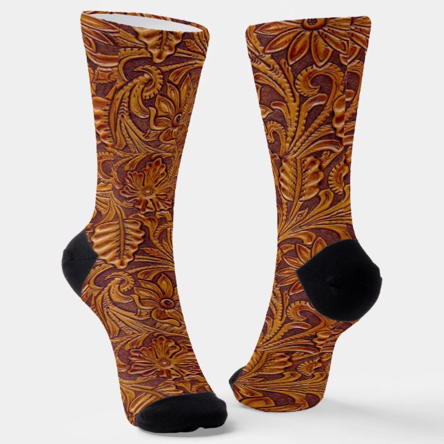 Western Brown Tooled Leather Print  Socks (Angled)