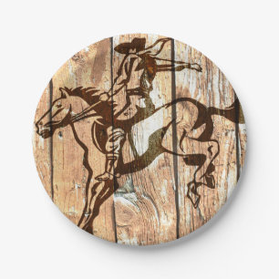 Western bucking bronco wooden cowboy paper plates