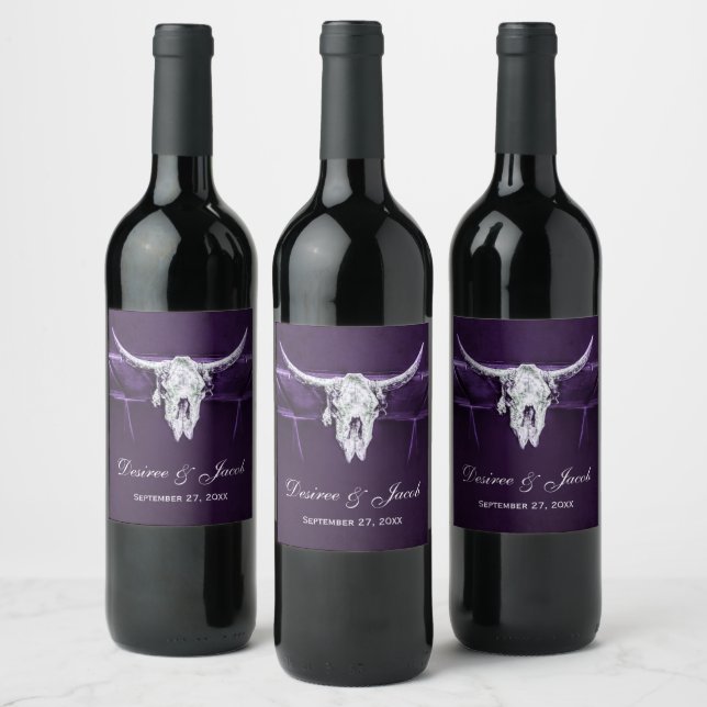 Western Bull Cow Skull Dark Purple White Rustic Wine Label (Bottles)