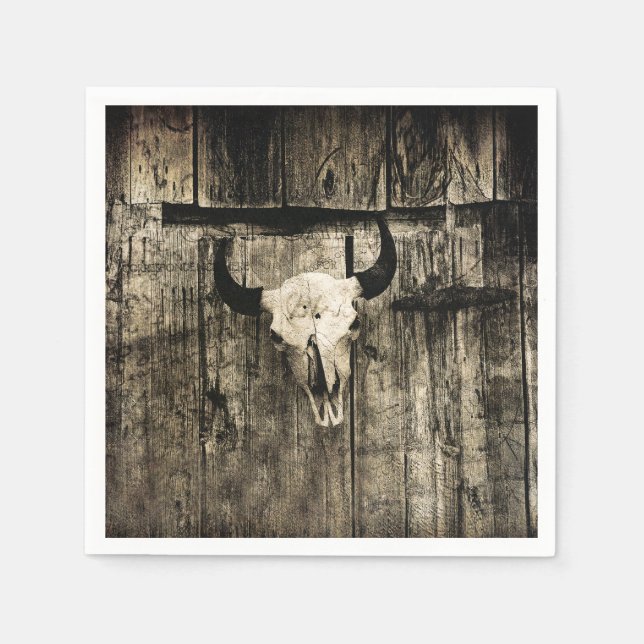 Western Bull Skull Barn Wood Sepia Vintage Rustic Napkin (Front)
