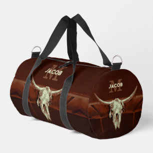 Western Bull Skull Brown Monogram Rustic Country Duffle Bag