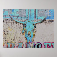 Western Bull Skull Teal Blue Rustic Vintage