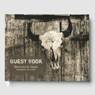 Western Bull Skull Vintage Brown Barn Wood Rustic Guest Book