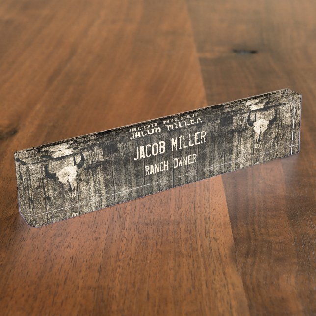 Western Bull Skull Vintage Sepia Rustic Nameplate (Side)
