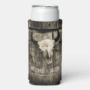 Western Bull Skull Vintage Sepia Rustic Wedding Seltzer Can Cooler
