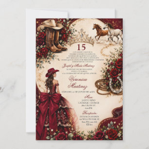 Western Burgundy Red Princess Spanish Mis Quince Invitation
