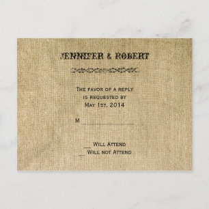 Western Burlap Wedding RSVP Invitation Postcard